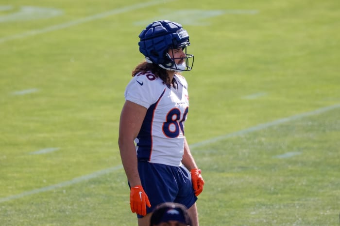 Denver Broncos tight end Greg Dulcich (80) during training camp at Centura Health Training Center.